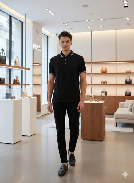 Luxury Black Classic Polo T-Shirt with Contrast Stripe Detail for Men