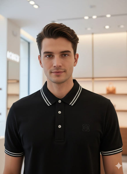 Luxury Black Classic Polo T-Shirt with Contrast Stripe Detail for Men