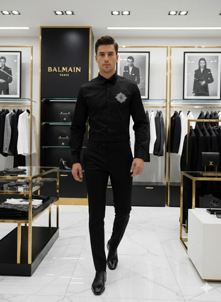Luxury Black Designer Regular Fit Shirt with Signature Emblem