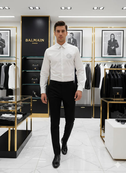 Premium White Designer Regular Fit Shirt with Elegant Chest Emblem