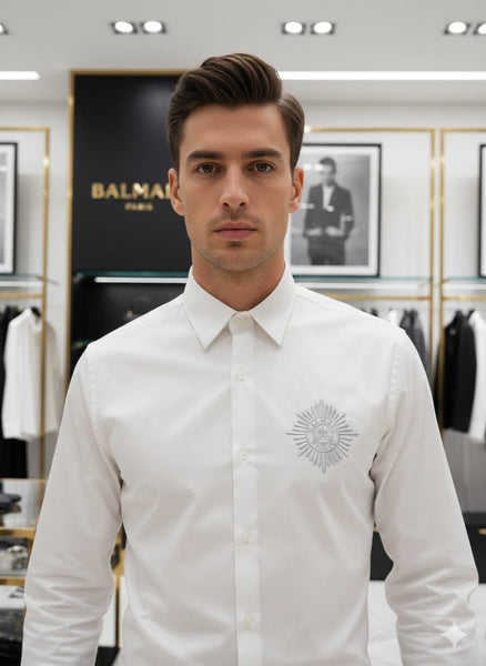 Premium White Designer Regular Fit Shirt with Elegant Chest Emblem
