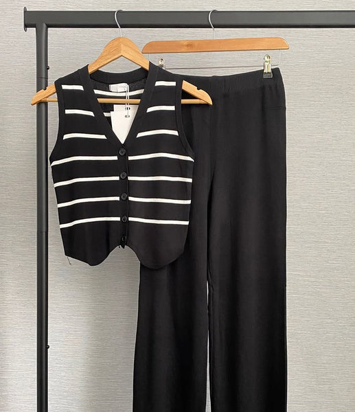 Women’s  Knitted Co-Ord Set  Sleeveless Striped Button Vest Top with Long Pant