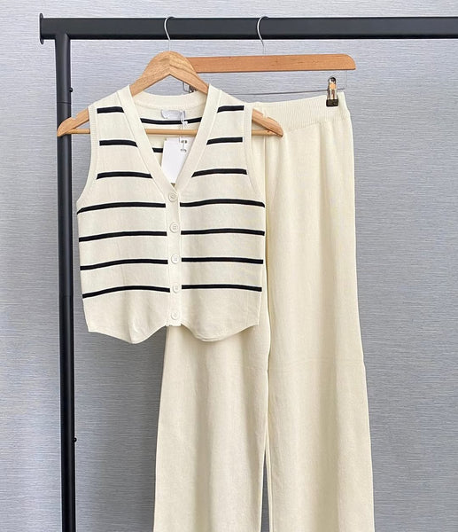 Women’s  Knitted Co-Ord Set  Sleeveless Striped Button Vest Top with Long Pant