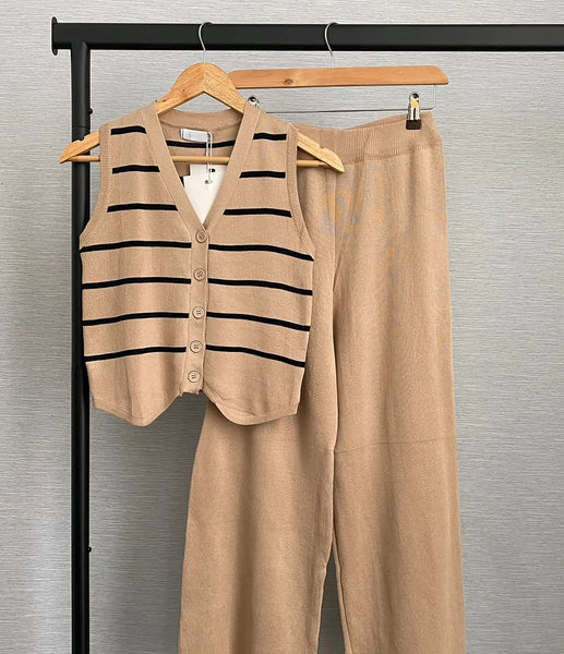 Women’s  Knitted Co-Ord Set  Sleeveless Striped Button Vest Top with Long Pant