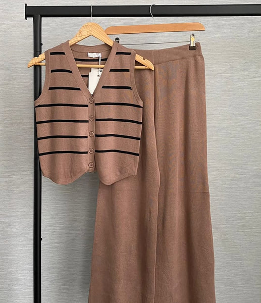 Women’s  Knitted Co-Ord Set  Sleeveless Striped Button Vest Top with Long Pant