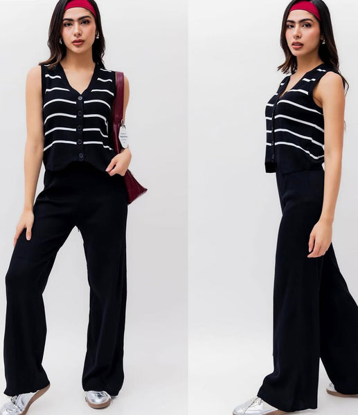 Women’s  Knitted Co-Ord Set  Sleeveless Striped Button Vest Top with Long Pant