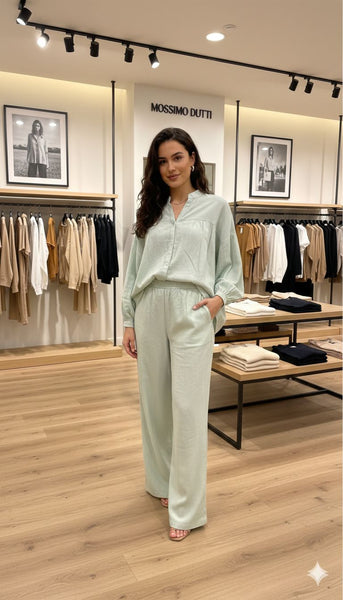 Women’s Mint Green Co-Ord Set Stylish Shirt with Wide Leg Pants