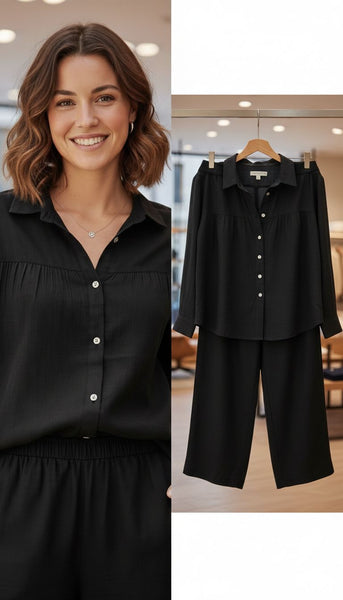 Women’s Elegant Black Co-Ord Set –Button-Down Shirt with Wide Leg Pants