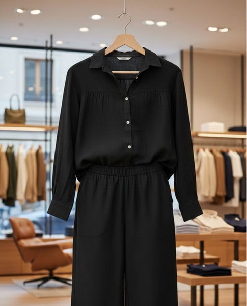 Women’s Elegant Black Co-Ord Set –Button-Down Shirt with Wide Leg Pants