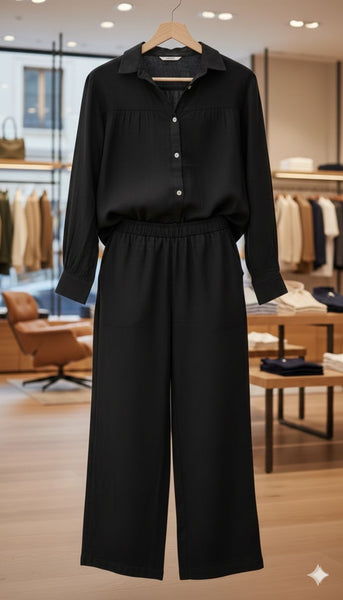 Women’s Elegant Black Co-Ord Set –Button-Down Shirt with Wide Leg Pants