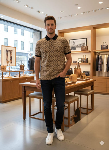 Premium Brown Monogram Polo T-Shirt with Black Collar