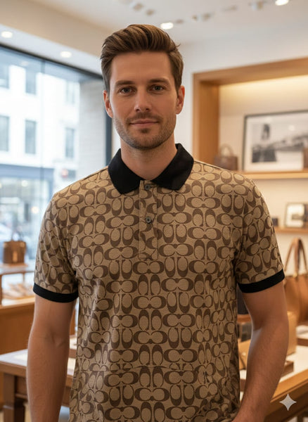 Premium Brown Monogram Polo T-Shirt with Black Collar