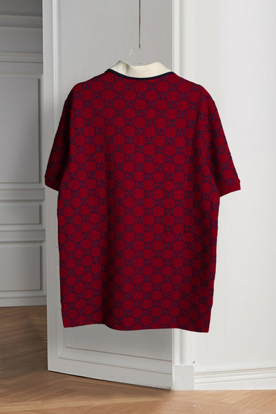 Luxury Red Monogram Polo T-Shirt , Classic Collar, Regular Fit