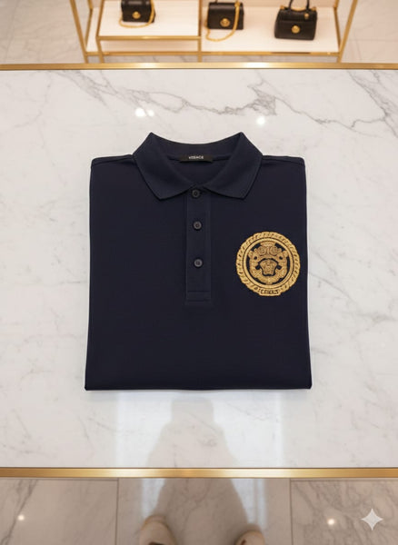 Luxury Navy Blue Polo Shirt with Gold Emblem Premium Designer Style