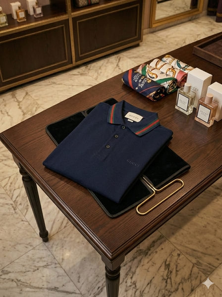 Men’s Navy Blue Premium Polo T-Shirt with Signature Stripe Collar