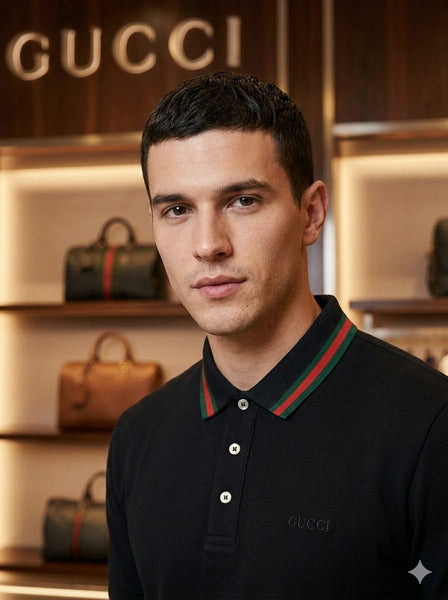 Imported Classic Black Polo Shirt With Web Stripe  Luxury Casual Style