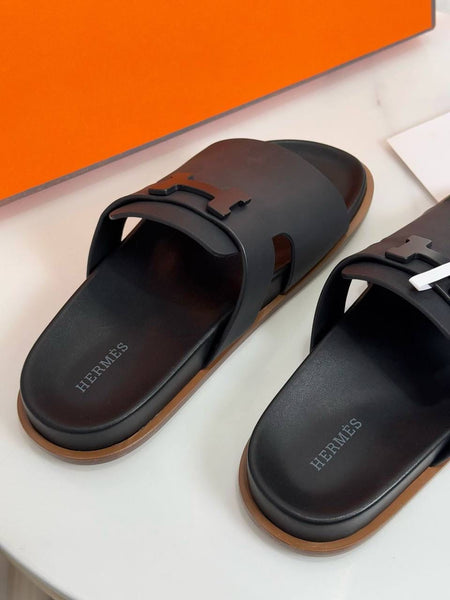 Premium Black Leather Slides  Elegant & Comfortable Slip-On