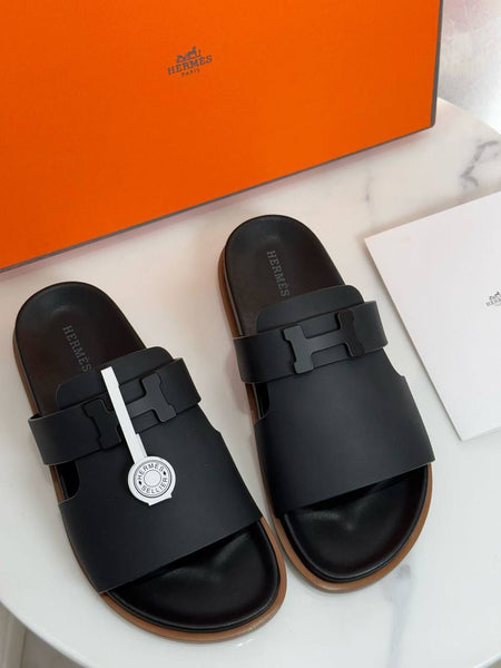 Premium Black Leather Slides  Elegant & Comfortable Slip-On
