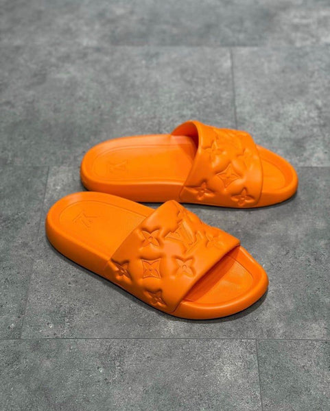 Premium Orange Designer Slides Stylish Monogram Comfort Slippers
