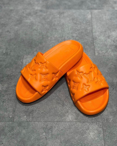 Premium Orange Designer Slides Stylish Monogram Comfort Slippers