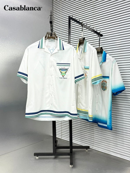 Premium White Printed Shirt with Striped Collar & Hem