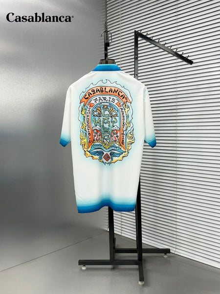 Premium White Printed Shirt with Striped Collar & Hem