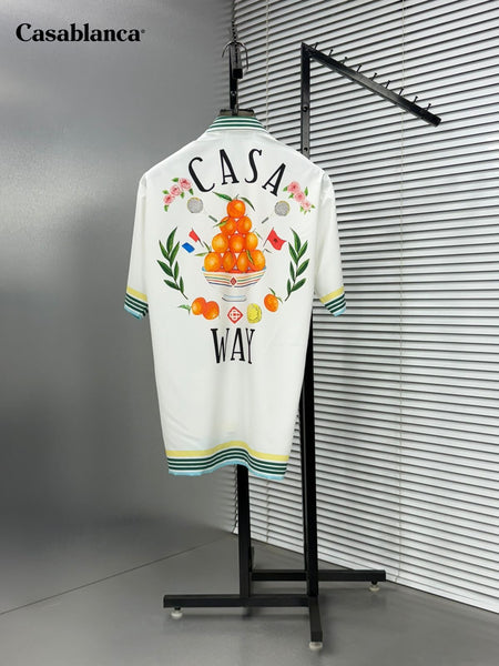 Premium White Printed Shirt with Striped Collar & Hem