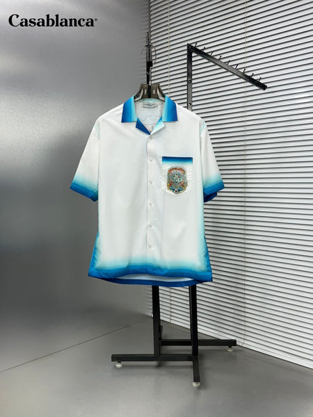 Premium White Printed Shirt with Striped Collar & Hem