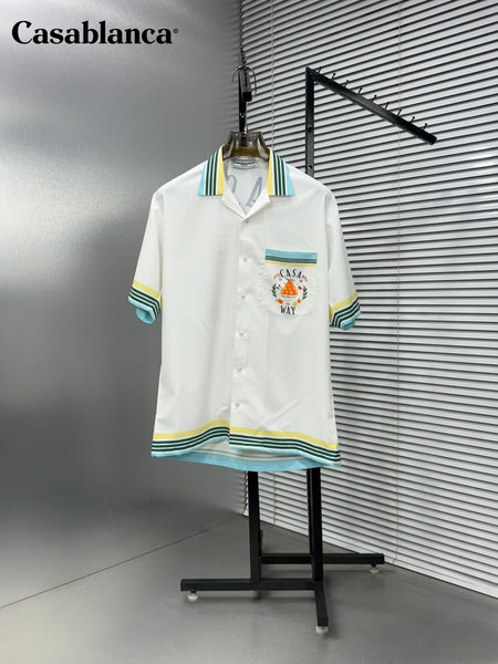 Premium White Printed Shirt with Striped Collar & Hem