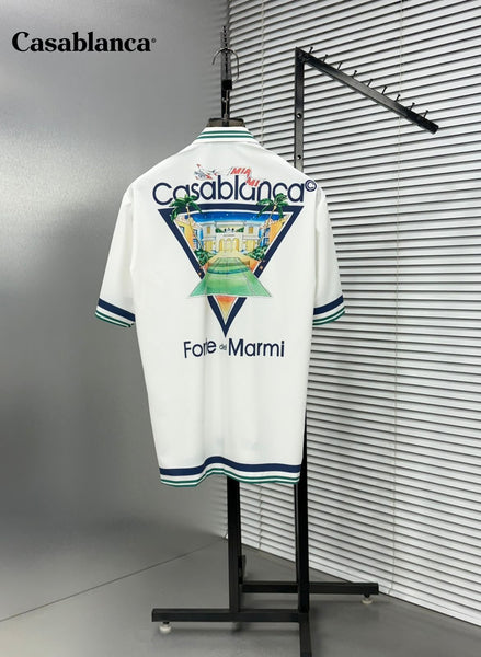 Premium White Printed Shirt with Striped Collar & Hem