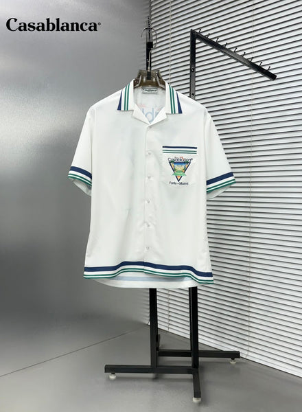 Premium White Printed Shirt with Striped Collar & Hem