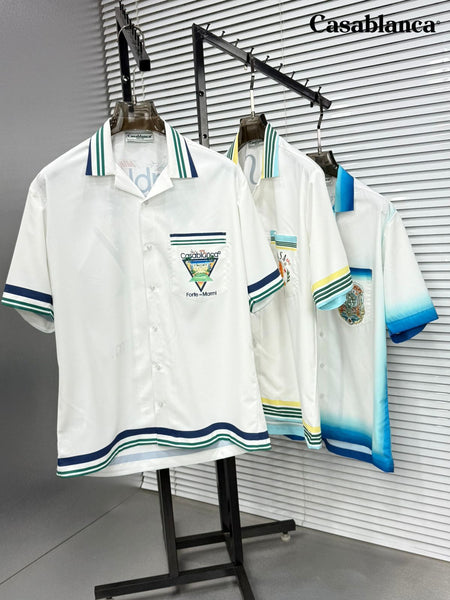 Premium White Printed Shirt with Striped Collar & Hem