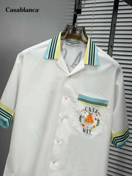 Premium White Printed Shirt with Striped Collar & Hem