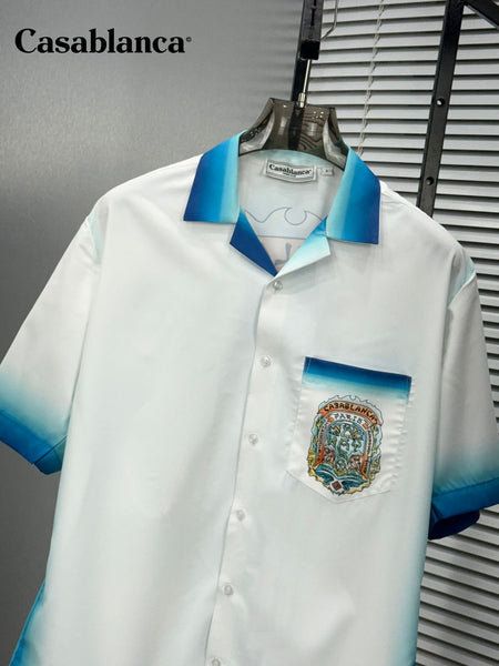 Premium White Printed Shirt with Striped Collar & Hem