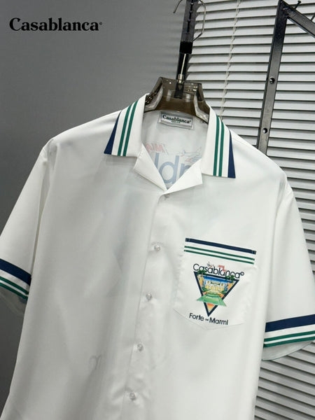 Premium White Printed Shirt with Striped Collar & Hem