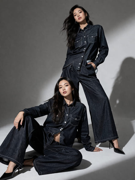 Premium  Denim Co-Ord Set for Women  Stylish Shirt & Wide-Leg Pants Set