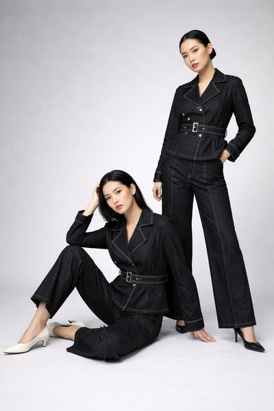 Elegant Denim Co-Ord Set for Women  Premium Blazer & Wide-Leg Pants Set
