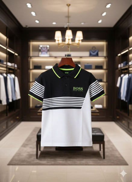 Kid's Premium Colorblock Polo T-Shirt – Black & White with Neon Detailing