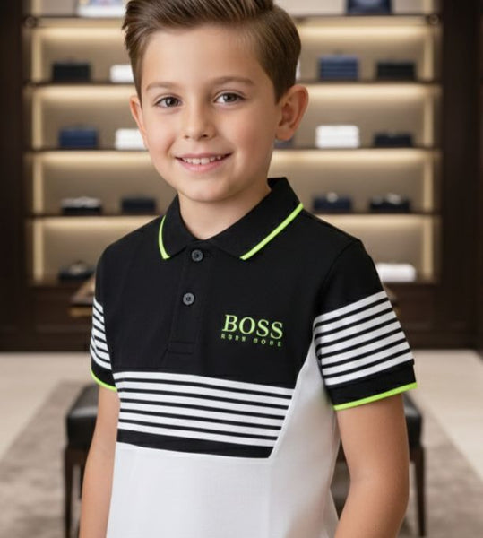 Kid's Premium Colorblock Polo T-Shirt – Black & White with Neon Detailing
