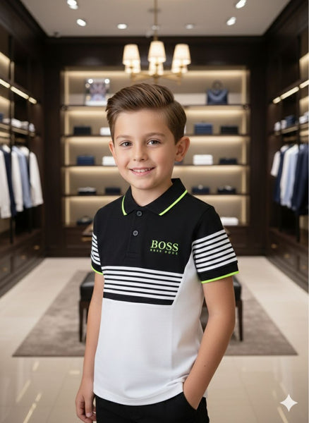 Kid's Premium Colorblock Polo T-Shirt – Black & White with Neon Detailing