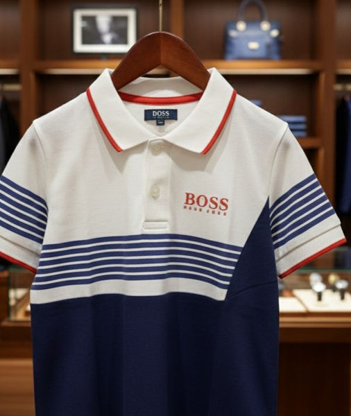 Kids  Premium Colorblock Polo T-Shirt – White & Navy with Stripe Design