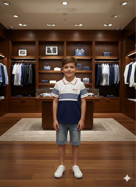 Kids  Premium Colorblock Polo T-Shirt – White & Navy with Stripe Design