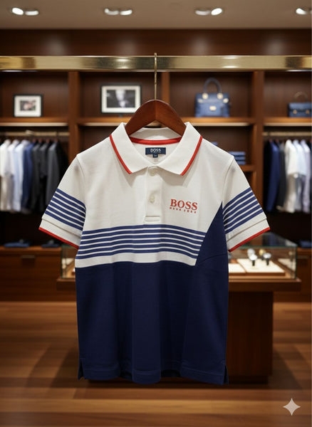 Kids  Premium Colorblock Polo T-Shirt – White & Navy with Stripe Design