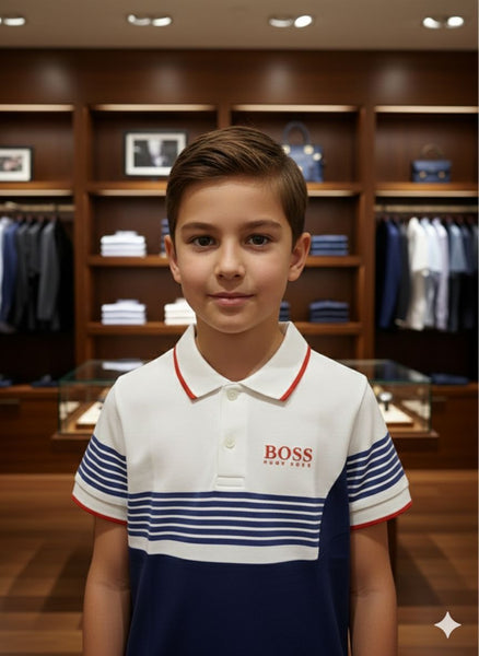 Kids  Premium Colorblock Polo T-Shirt – White & Navy with Stripe Design