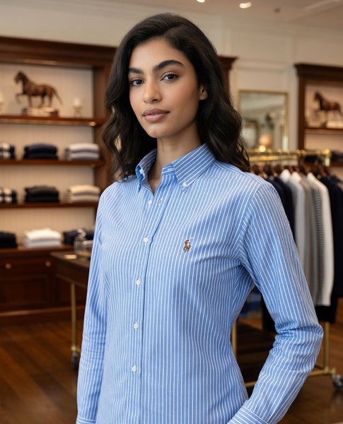 Women’s Premium Blue Striped Button-Down Shirt  Elegant Regular Fit