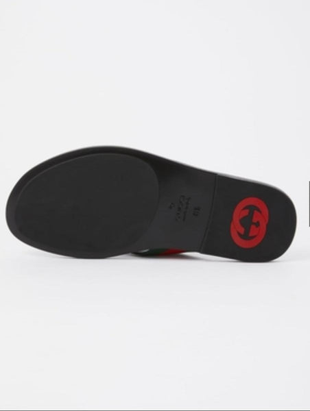 Stylish Black Flat Sandals with Signature Stripe Strap & Gold Logo Detail
