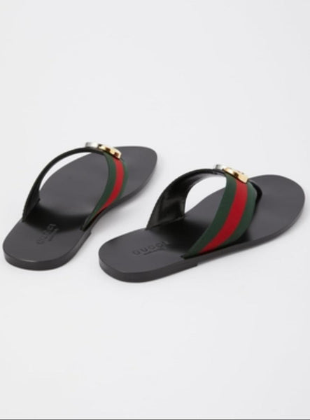 Stylish Black Flat Sandals with Signature Stripe Strap & Gold Logo Detail