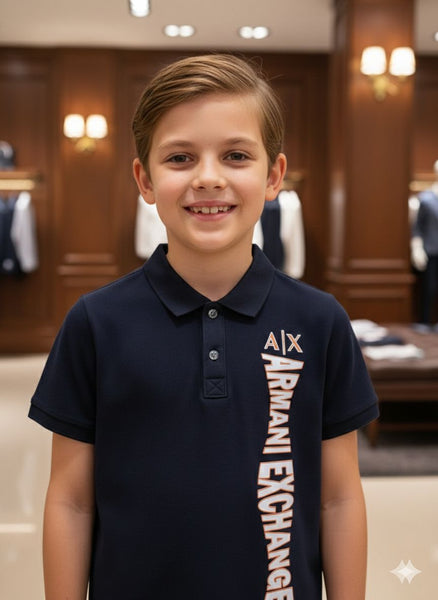 Kids Navy Blue Premium Branded  Polo T-Shirt with Vertical Logo Print