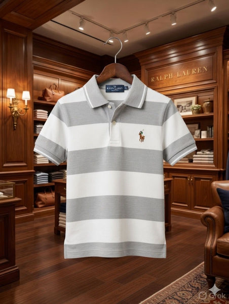 Kids Premium Grey & White Striped Polo T-Shirt  Classic Everyday Style