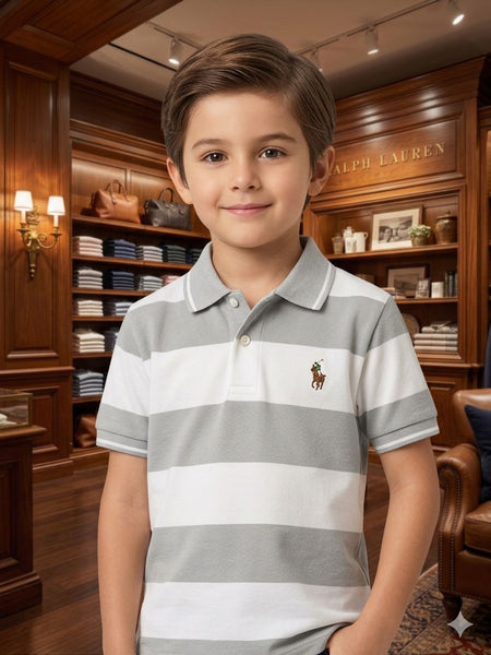 Kids Premium Grey & White Striped Polo T-Shirt  Classic Everyday Style
